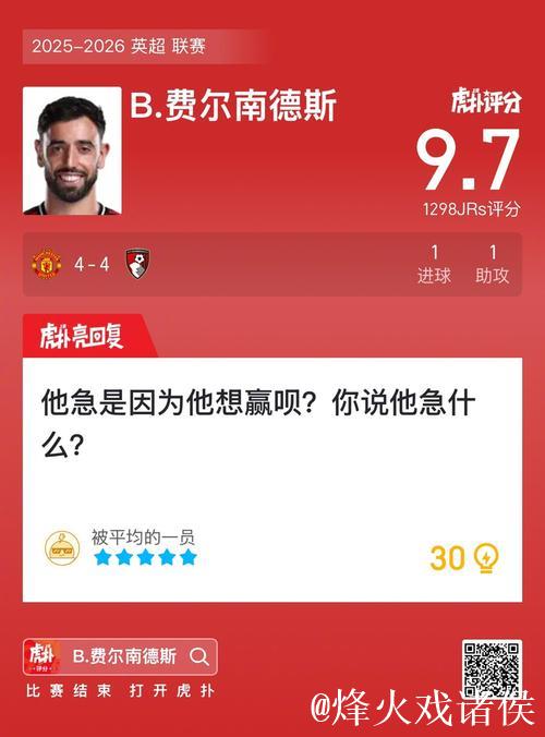 B费传射建功获赛后最高评分8.8,曼联4-4战平伯恩茅斯 B费传射建功获赛后最高评分8.8,曼联4-4战平伯恩茅斯